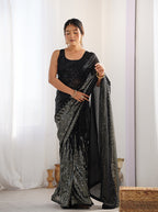 Monjolika Fashion Black Georgette Party Wear Saree with Sequins Work | Grocsy