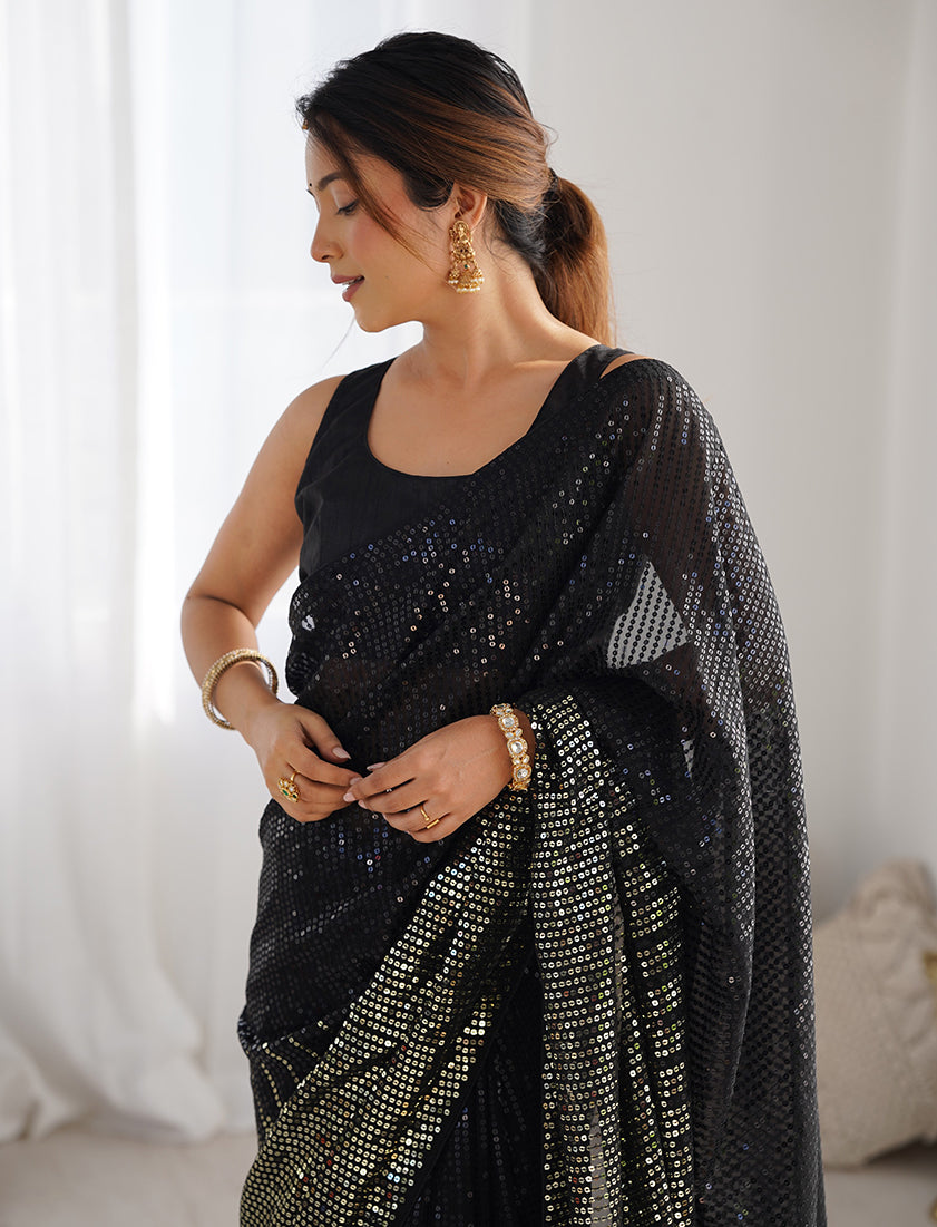 Monjolika Fashion Black Georgette Party Wear Saree with Sequins Work | Grocsy