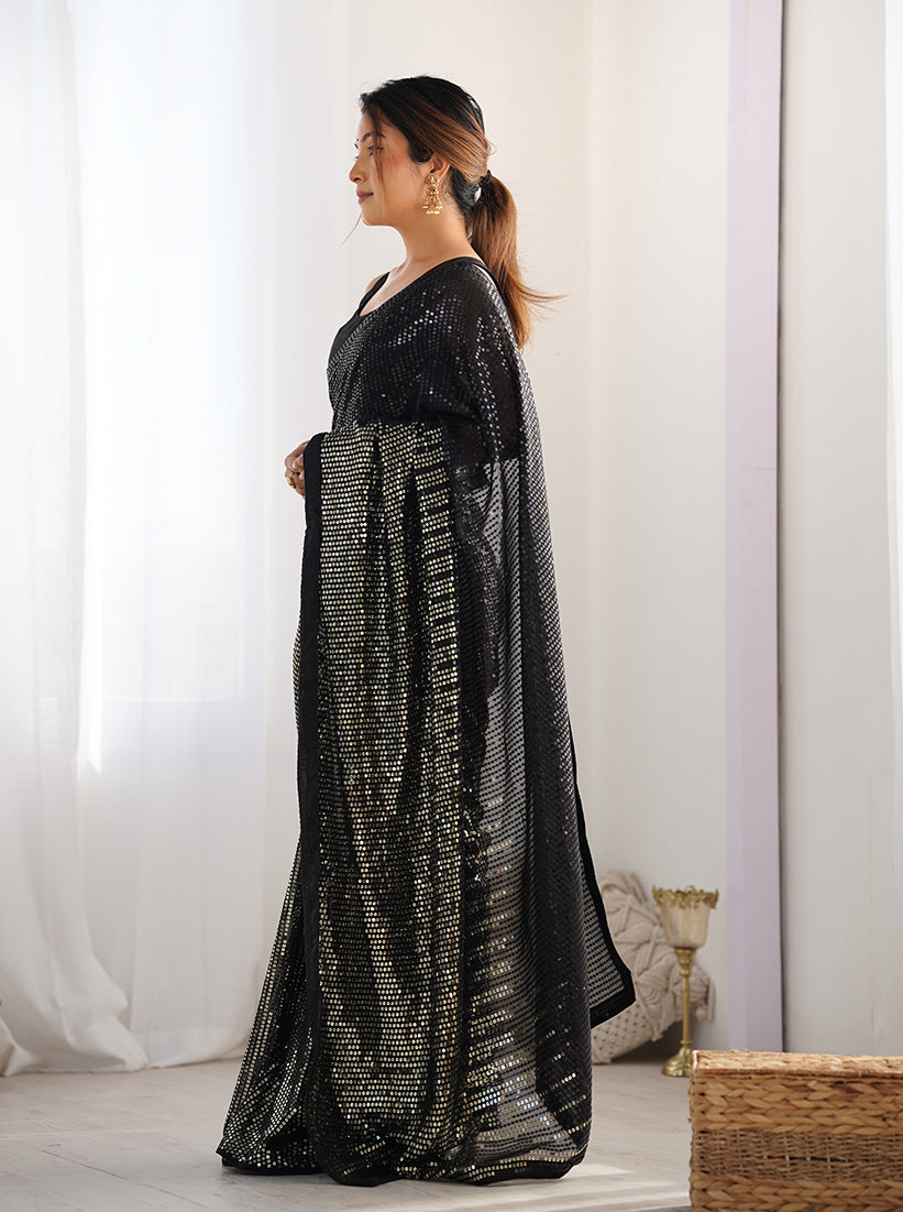 Monjolika Fashion Black Georgette Party Wear Saree with Sequins Work | Grocsy