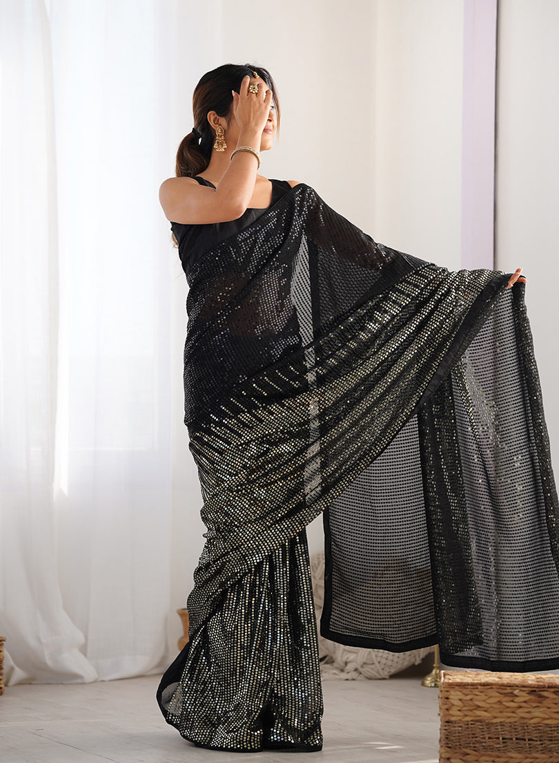 Monjolika Fashion Black Georgette Party Wear Saree with Sequins Work | Grocsy