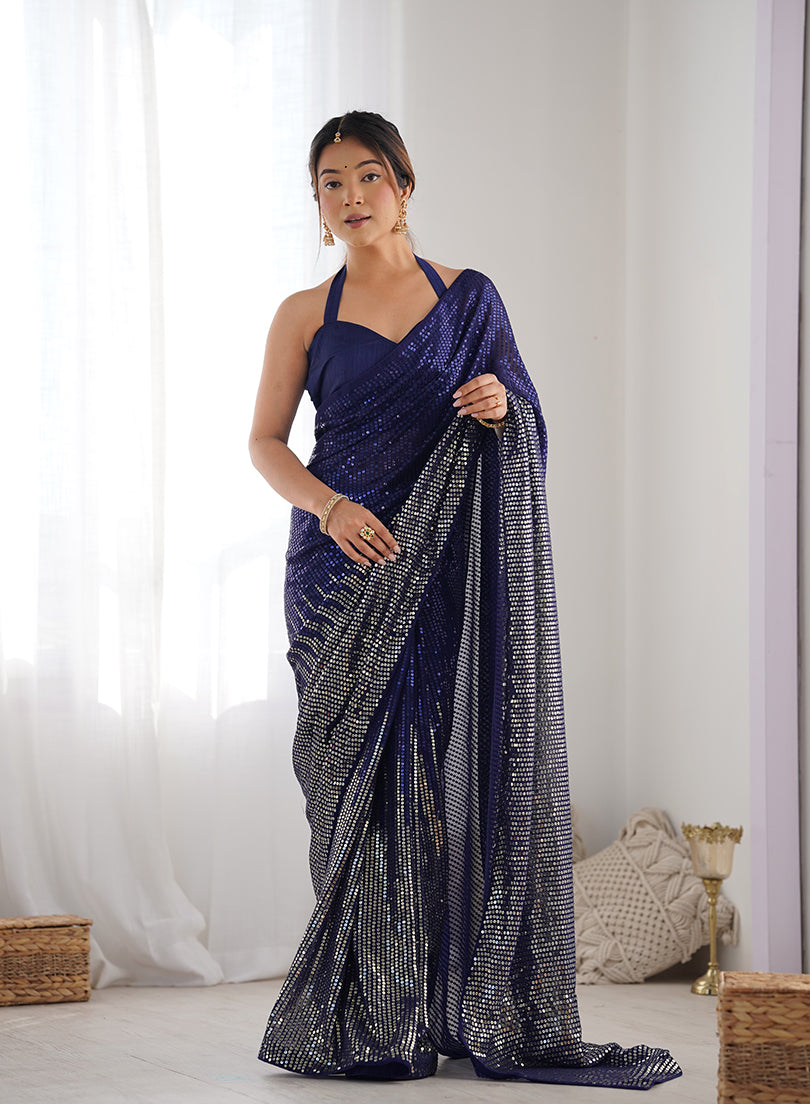 Monjolika Fashion Blue Georgette Party Wear Saree with Sequins Work | Grocsy