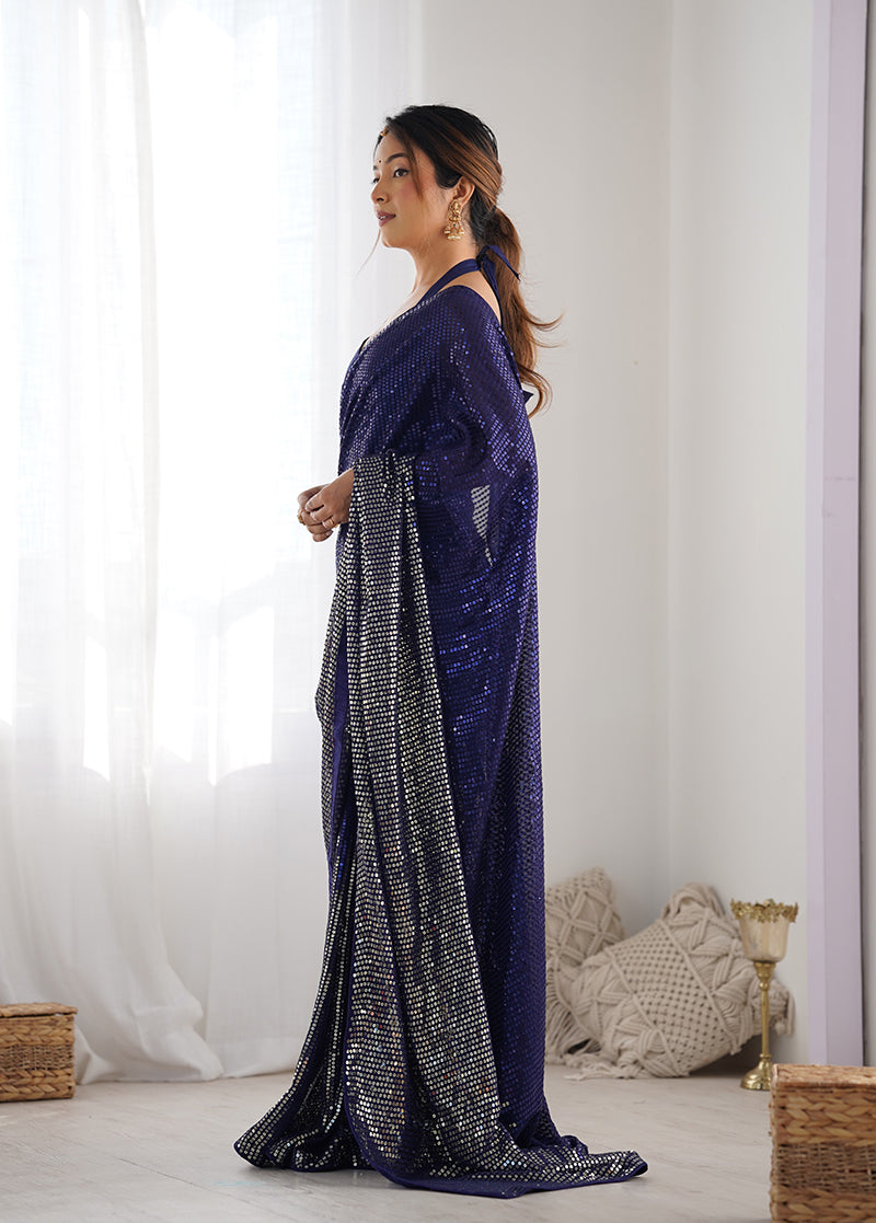 Monjolika Fashion Blue Georgette Party Wear Saree with Sequins Work | Grocsy