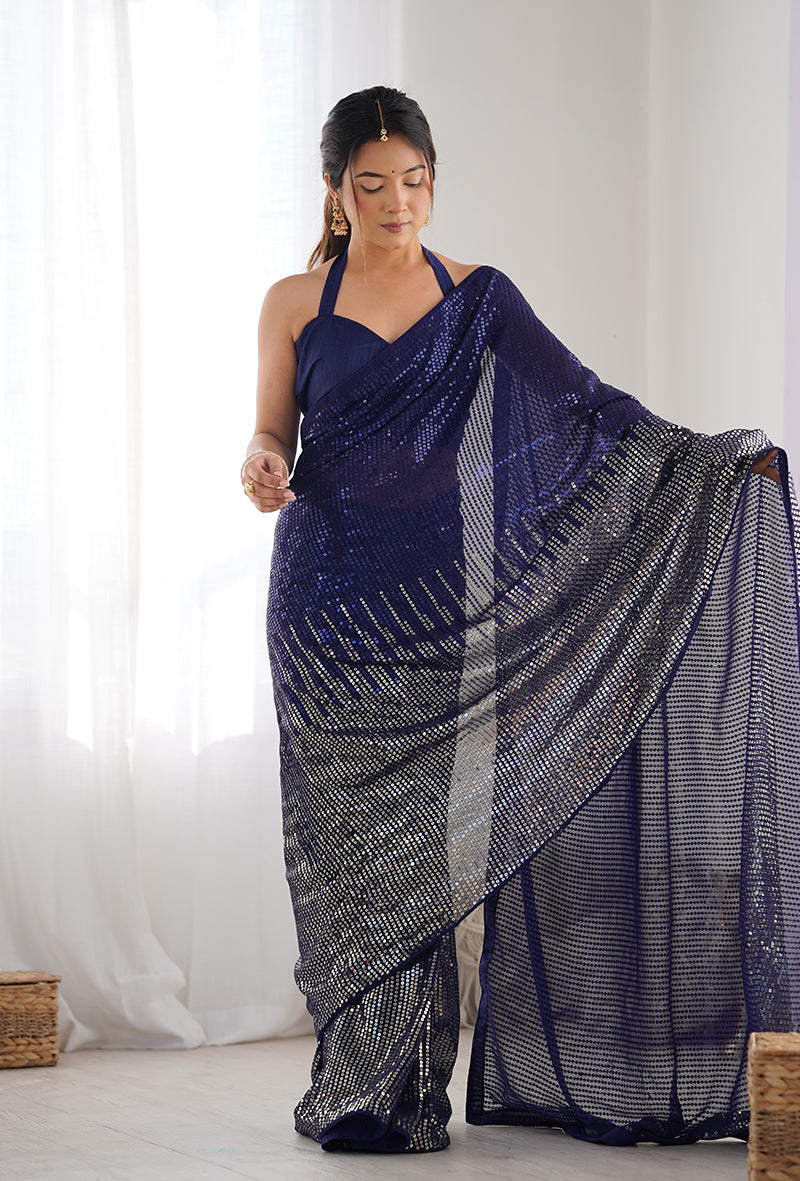 Monjolika Fashion Blue Georgette Party Wear Saree with Sequins Work | Grocsy