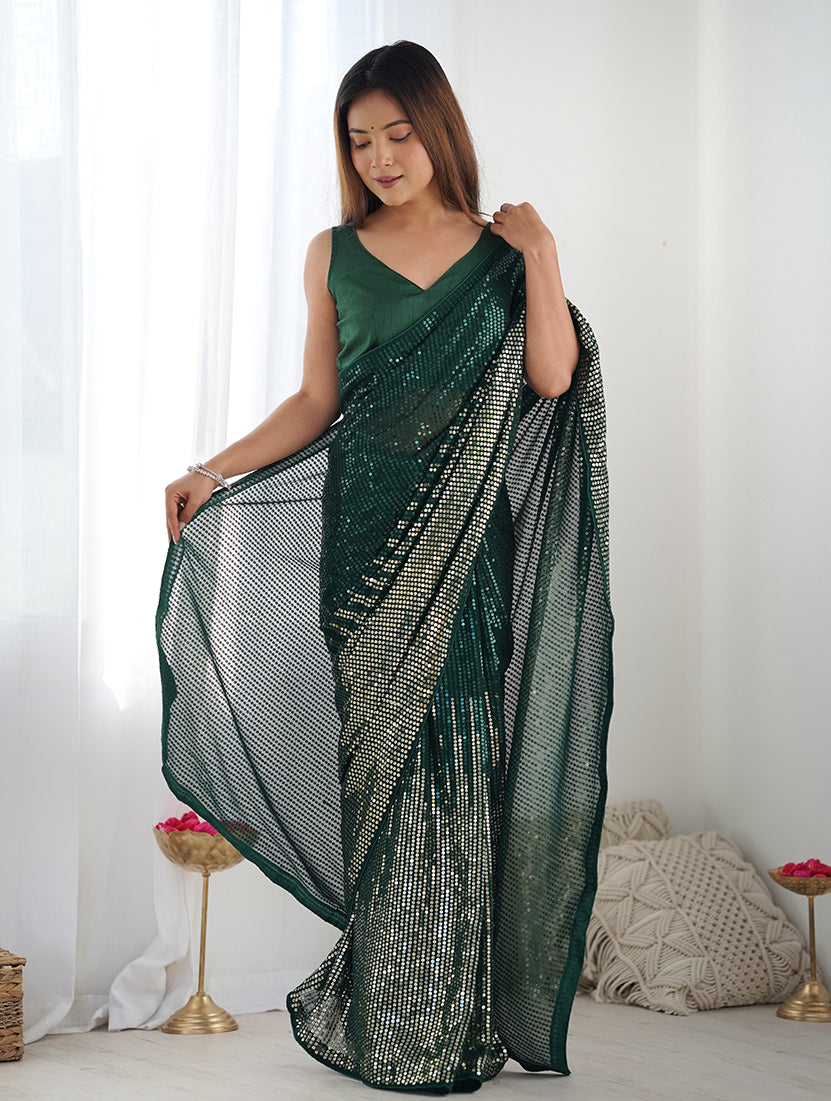 Monjolika Fashion Bottle Green Georgette Party Wear Saree with Sequins Work | Grocsy