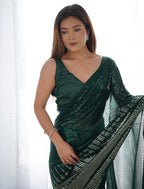 Monjolika Fashion Bottle Green Georgette Party Wear Saree with Sequins Work | Grocsy