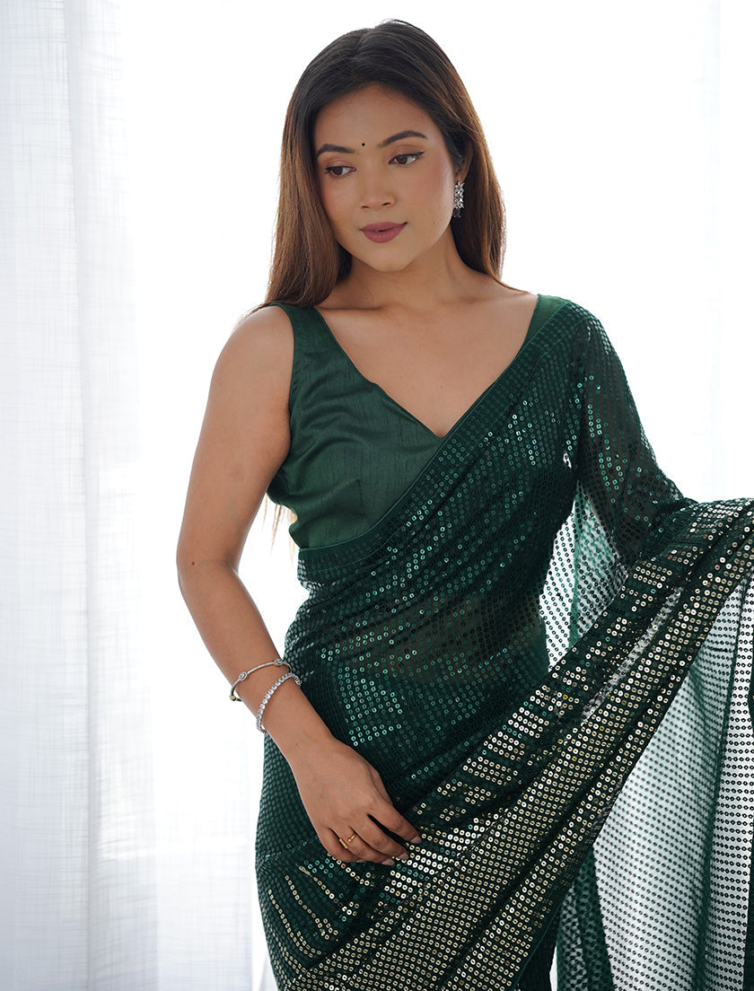 Monjolika Fashion Bottle Green Georgette Party Wear Saree with Sequins Work | Grocsy