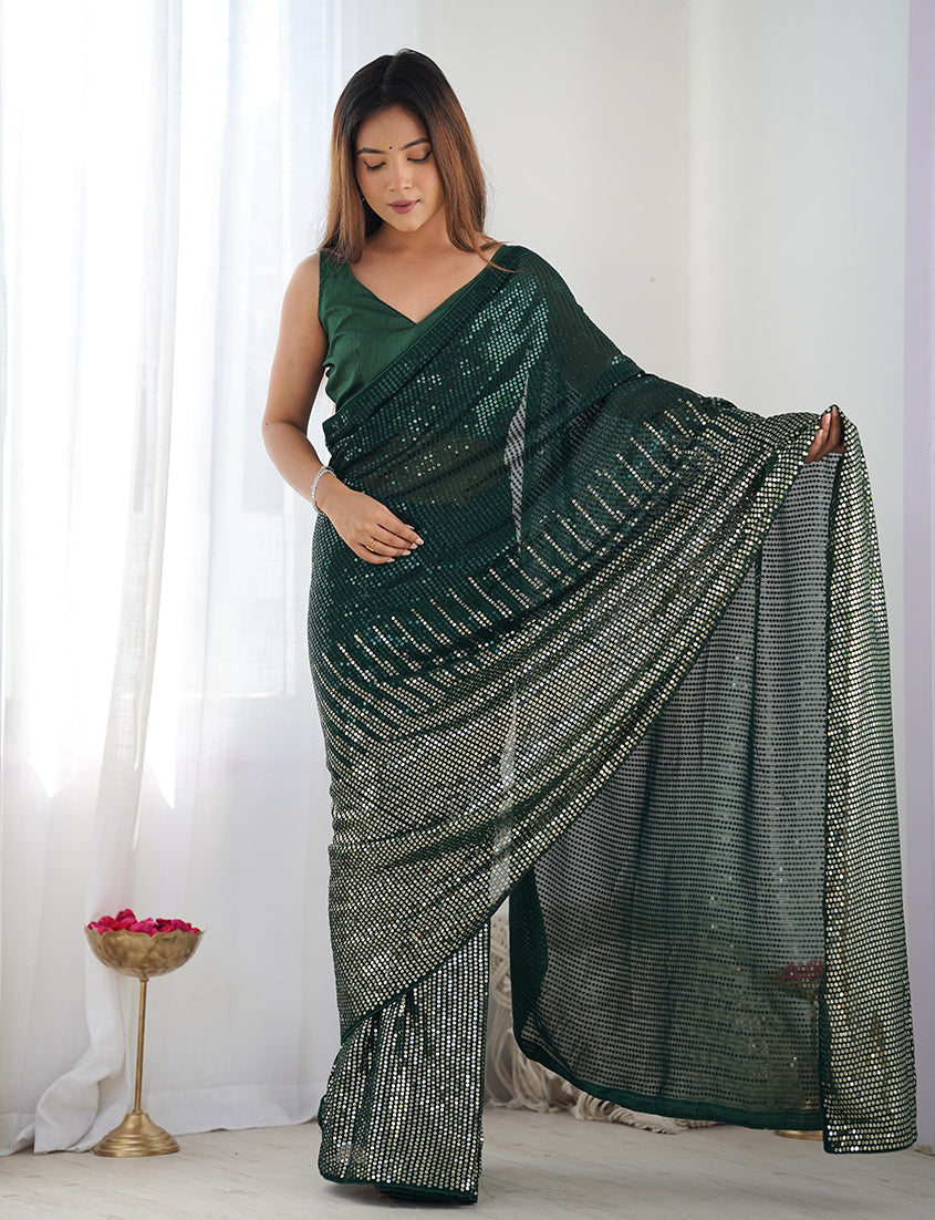 Monjolika Fashion Bottle Green Georgette Party Wear Saree with Sequins Work | Grocsy