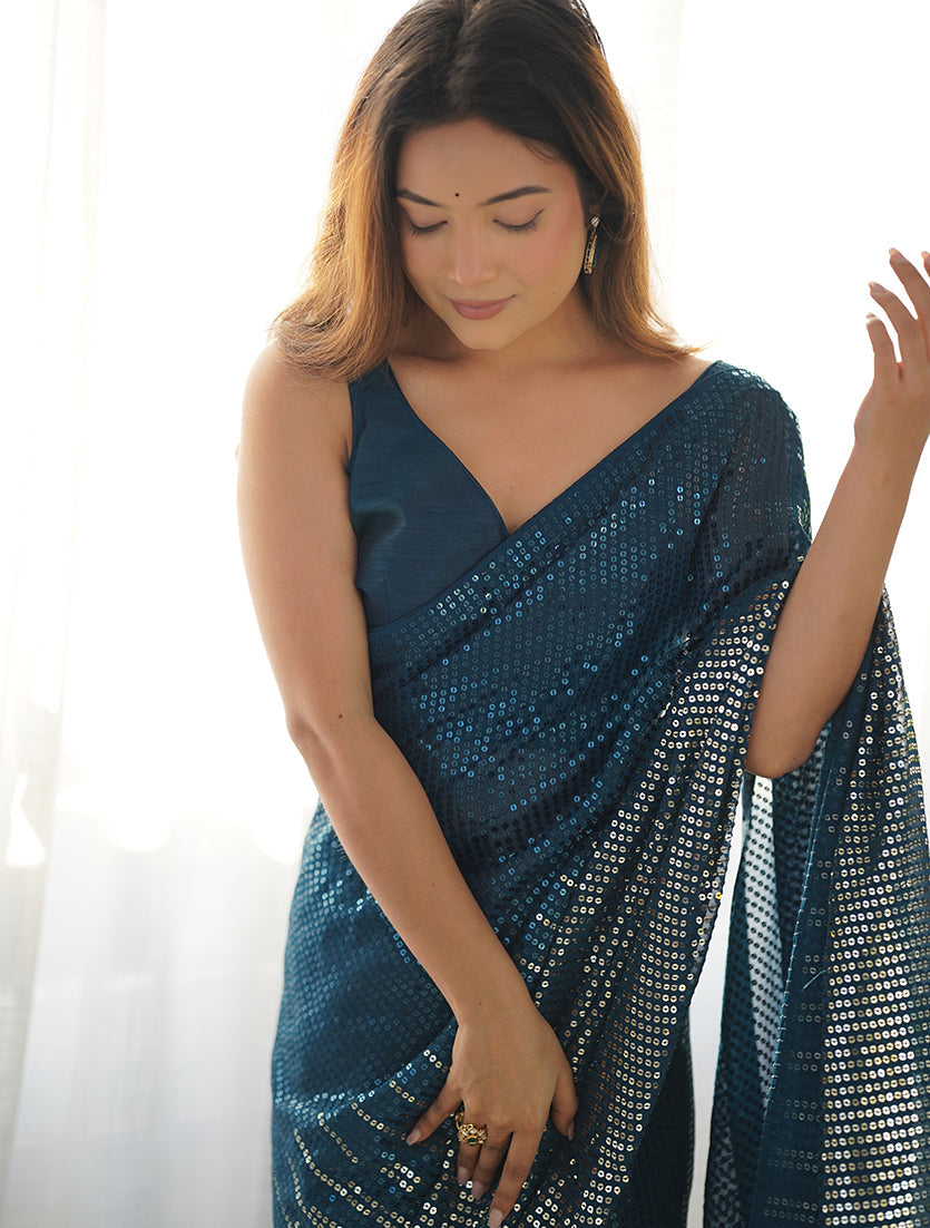 Monjolika Fashion Morpeach Georgette Party Wear Saree with Sequins Work | Grocsy