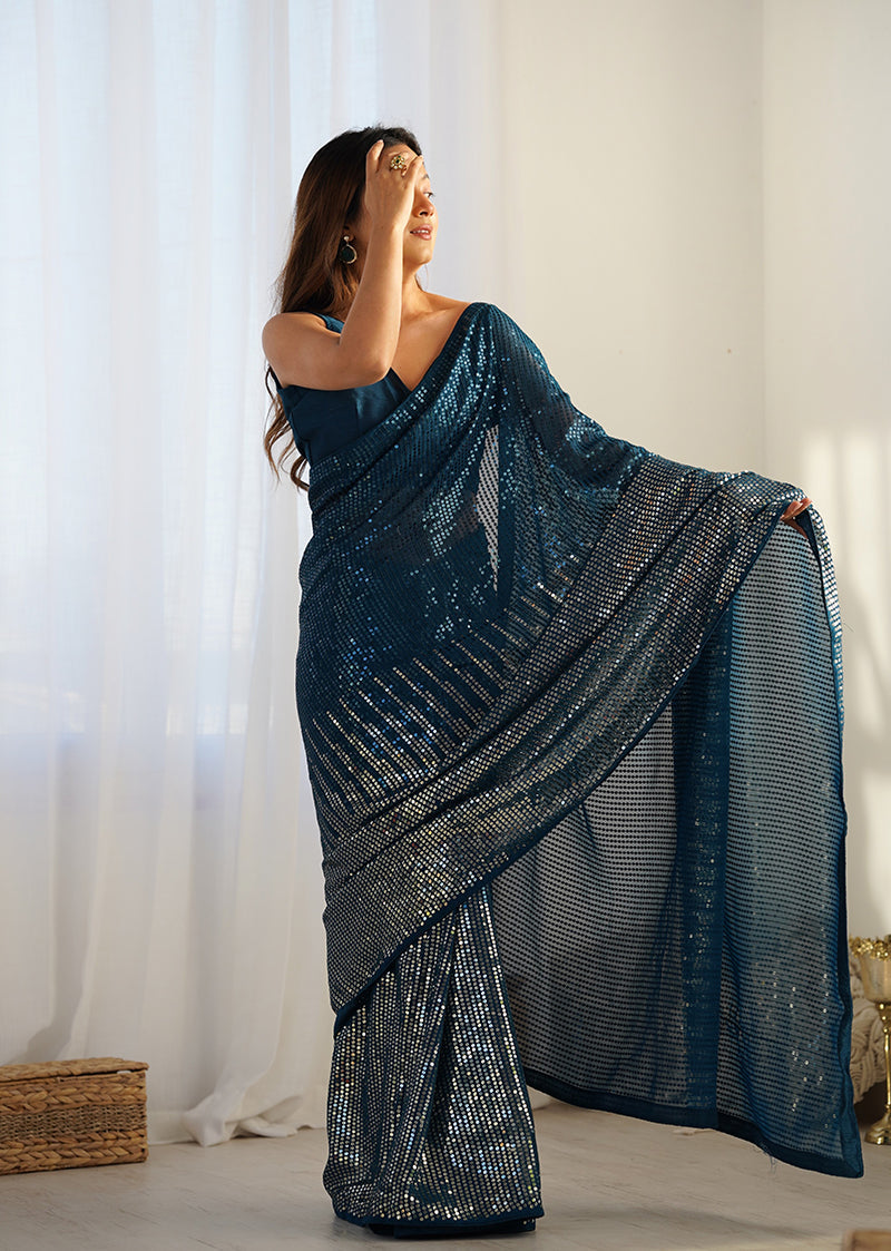 Monjolika Fashion Morpeach Georgette Party Wear Saree with Sequins Work | Grocsy