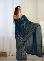 Monjolika Fashion Morpeach Georgette Party Wear Saree with Sequins Work | Grocsy