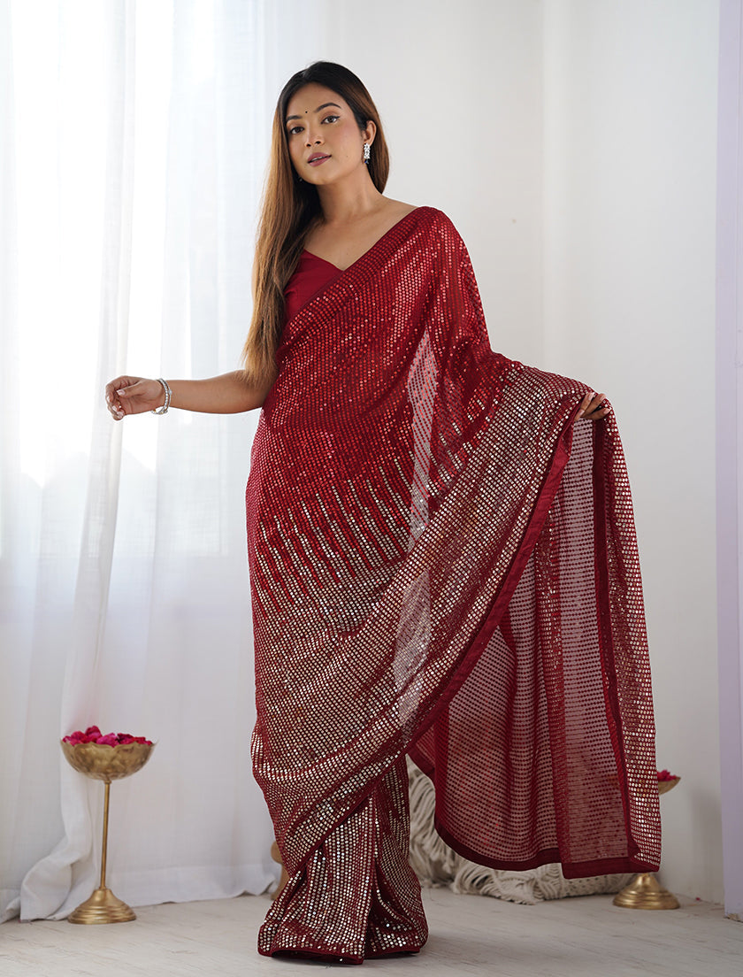 Monjolika Fashion Red Georgette Party Wear Saree with Sequins Work | Grocsy
