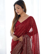 Monjolika Fashion Red Georgette Party Wear Saree with Sequins Work | Grocsy