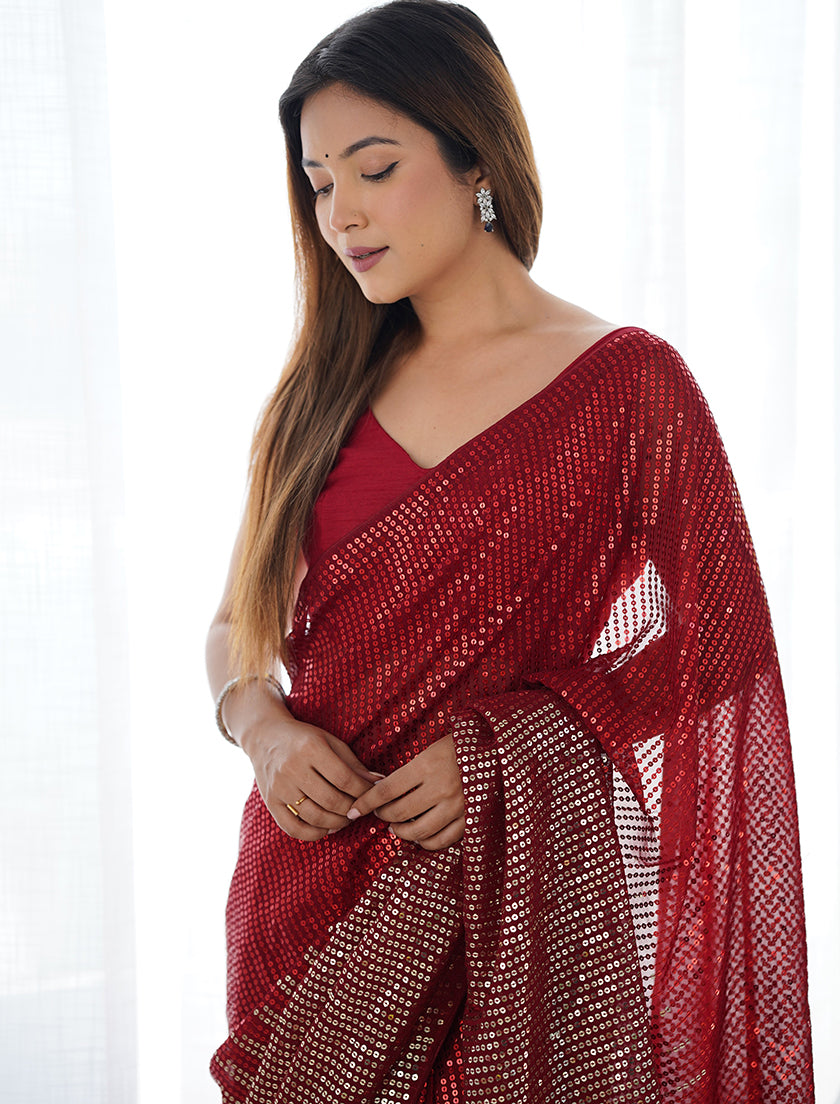Monjolika Fashion Red Georgette Party Wear Saree with Sequins Work | Grocsy