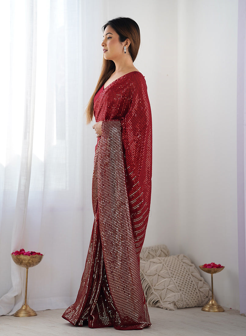 Monjolika Fashion Red Georgette Party Wear Saree with Sequins Work | Grocsy