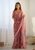 Monjolika Fashion Chinon Digital Print Classic Saree in Red | Grocsy