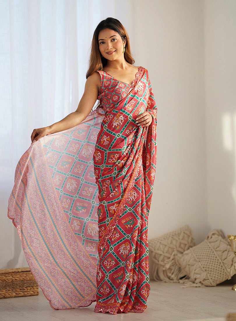 Monjolika Fashion Chinon Digital Print Classic Saree in Red | Grocsy
