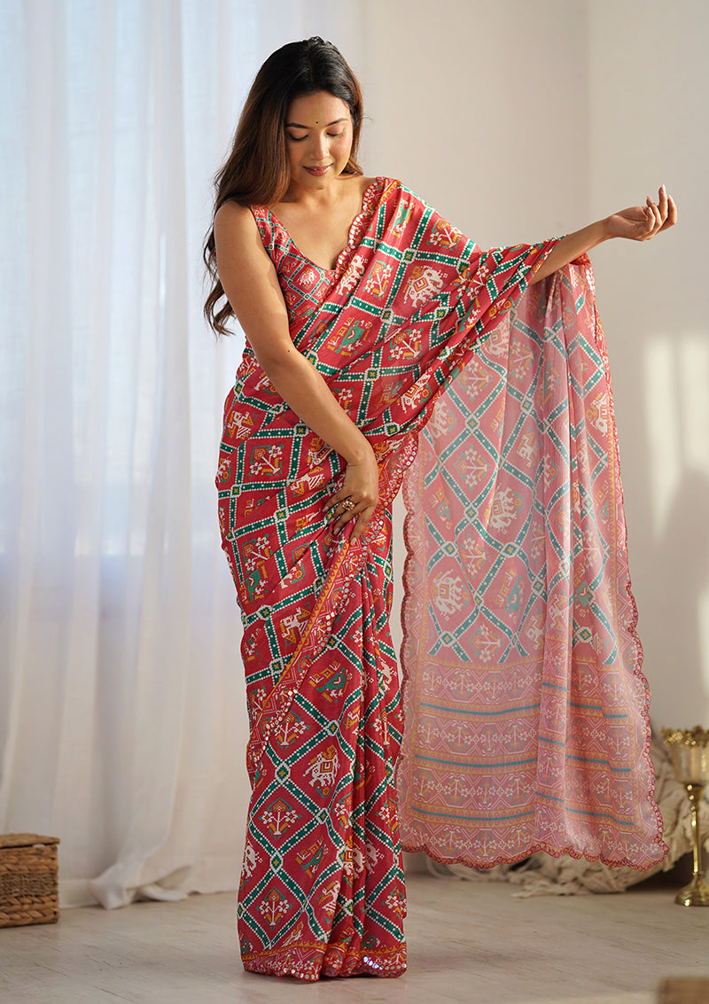 Monjolika Fashion Chinon Digital Print Classic Saree in Red | Grocsy