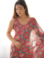 Monjolika Fashion Chinon Digital Print Classic Saree in Red | Grocsy