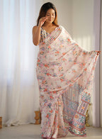 Monjolika Fashion Chinon Digital Print Classic Saree in Off White | Grocsy