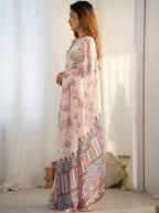 Monjolika Fashion Chinon Digital Print Classic Saree in Off White | Grocsy