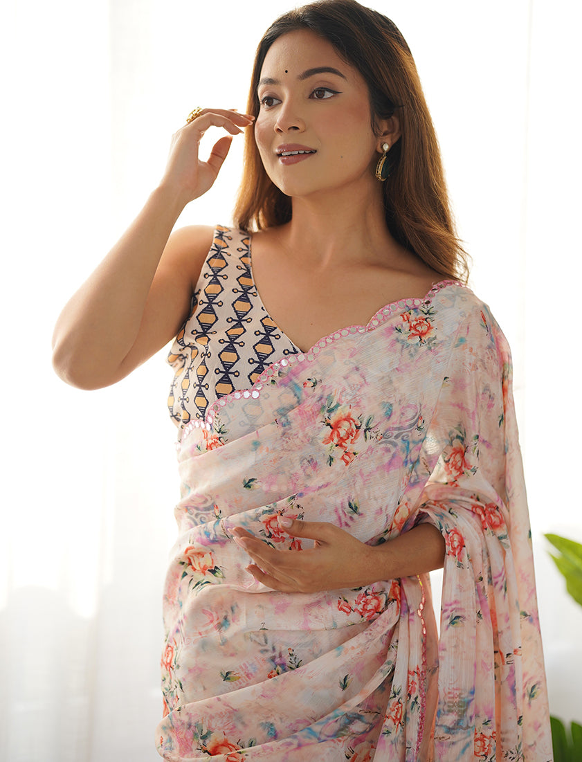 Monjolika Fashion Chinon Digital Print Classic Saree in Off White | Grocsy