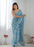 Monjolika Fashion Chinon Digital Print Classic Saree in Light Blue | Grocsy