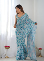 Monjolika Fashion Chinon Digital Print Classic Saree in Light Blue | Grocsy