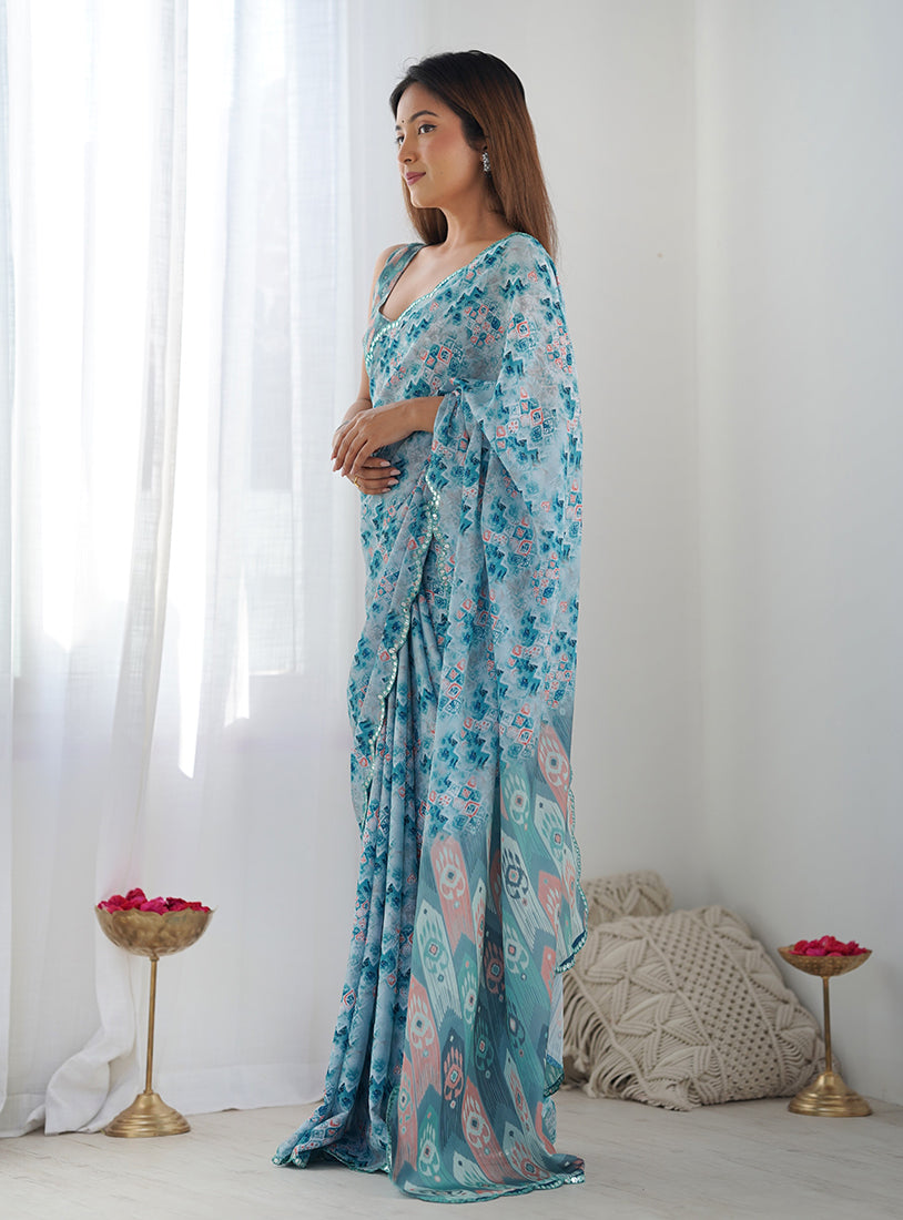 Monjolika Fashion Chinon Digital Print Classic Saree in Light Blue | Grocsy