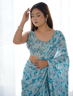Monjolika Fashion Chinon Digital Print Classic Saree in Light Blue | Grocsy