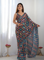 Monjolika Fashion Chinon Digital Print Classic Saree in Navy Blue | Grocsy