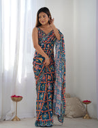 Monjolika Fashion Chinon Digital Print Classic Saree in Navy Blue | Grocsy