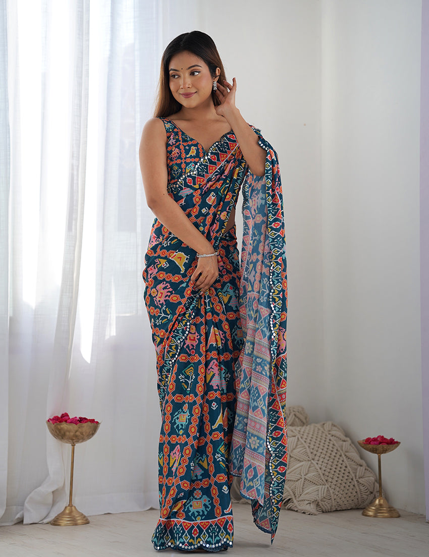 Monjolika Fashion Chinon Digital Print Classic Saree in Navy Blue | Grocsy