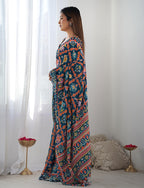 Monjolika Fashion Chinon Digital Print Classic Saree in Navy Blue | Grocsy