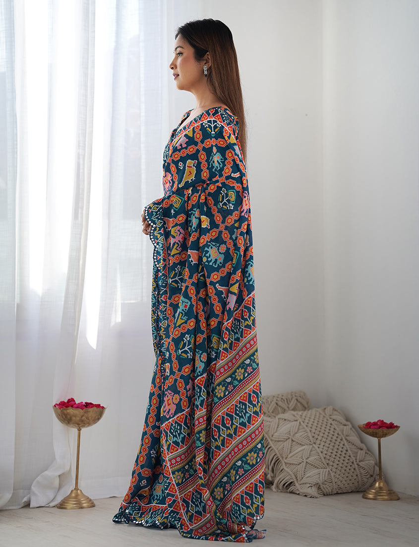 Monjolika Fashion Chinon Digital Print Classic Saree in Navy Blue | Grocsy