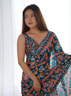 Monjolika Fashion Chinon Digital Print Classic Saree in Navy Blue | Grocsy