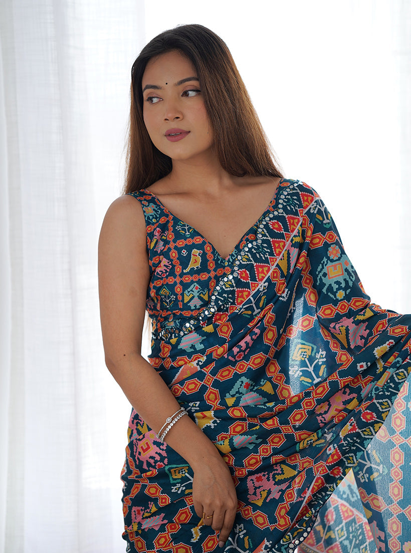 Monjolika Fashion Chinon Digital Print Classic Saree in Navy Blue | Grocsy