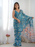 Monjolika Fashion Chinon Digital Print Classic Saree in Teal Blue | Grocsy