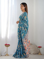 Monjolika Fashion Chinon Digital Print Classic Saree in Teal Blue | Grocsy