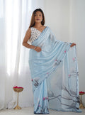 Monjolika Fashion Chinon Digital Print Classic Saree in Sky Blue | Grocsy