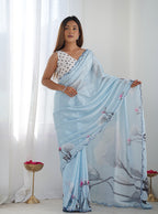 Monjolika Fashion Chinon Digital Print Classic Saree in Sky Blue | Grocsy