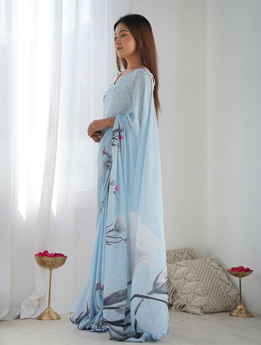 Monjolika Fashion Chinon Digital Print Classic Saree in Sky Blue | Grocsy