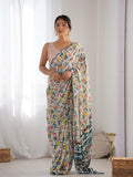 Monjolika Fashion Chinon Digital Print Classic Saree in Off White | Grocsy