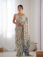 Monjolika Fashion Chinon Digital Print Classic Saree in Off White | Grocsy