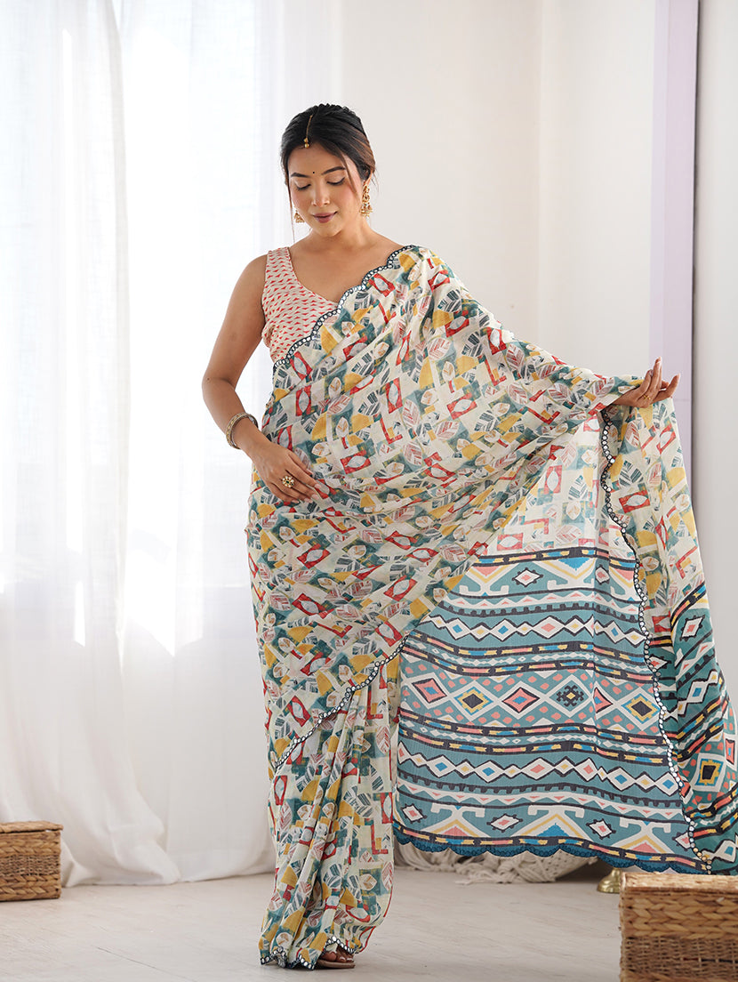 Monjolika Fashion Chinon Digital Print Classic Saree in Off White | Grocsy