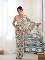 Monjolika Fashion Chinon Digital Print Classic Saree in Off White | Grocsy