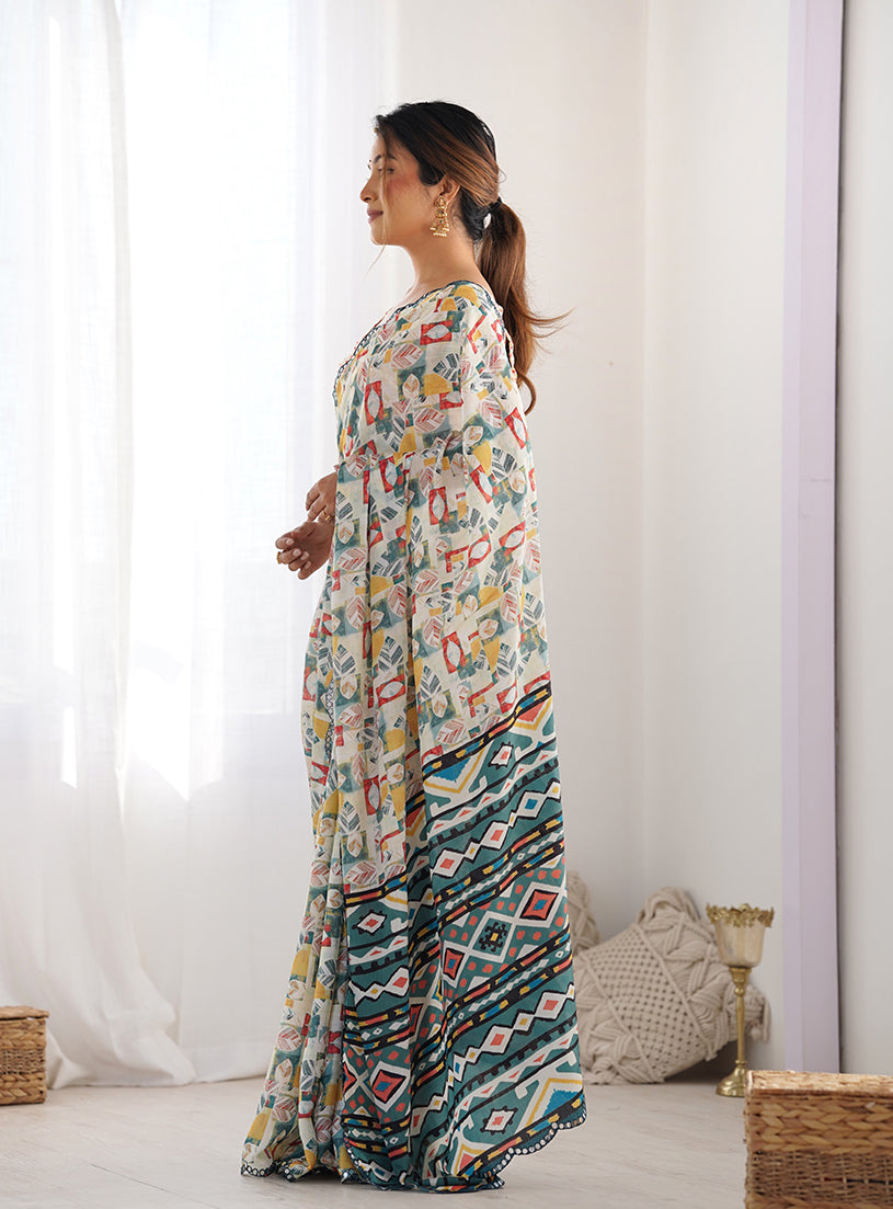 Monjolika Fashion Chinon Digital Print Classic Saree in Off White | Grocsy