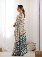 Monjolika Fashion Chinon Digital Print Classic Saree in Off White | Grocsy
