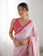 Monjolika Fashion Chinon Digital Print Classic Saree in Light Pink | Grocsy