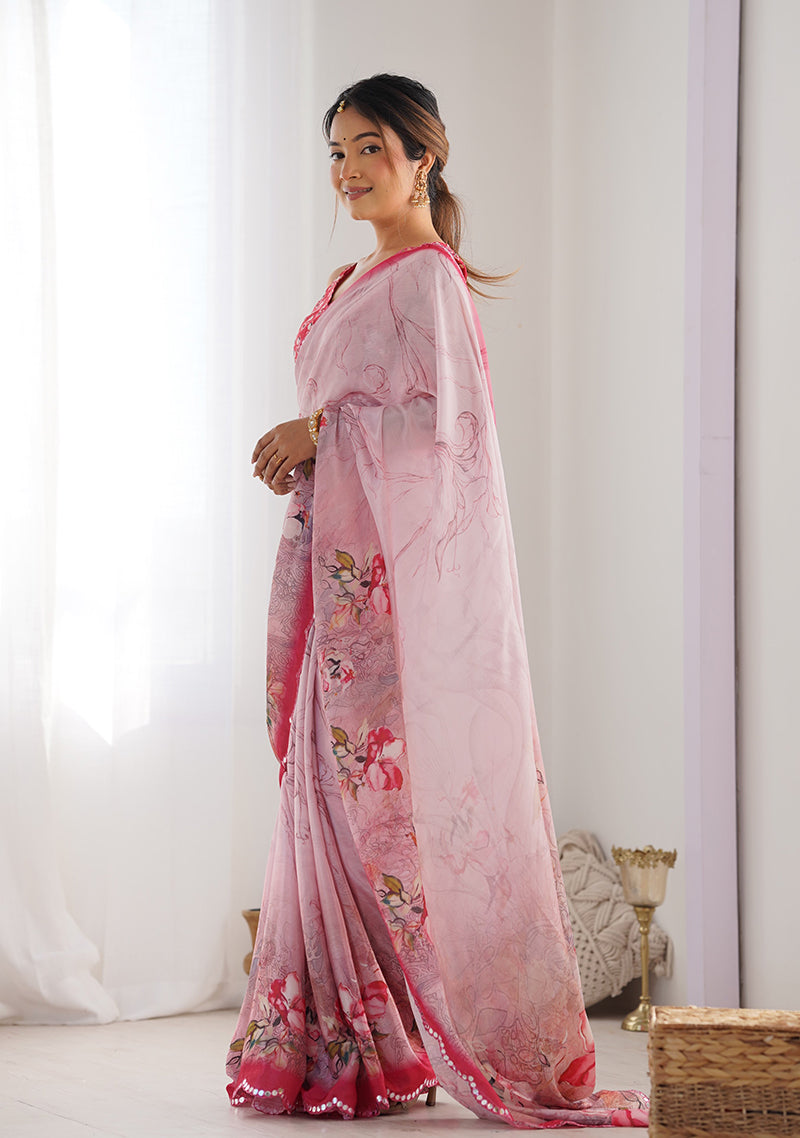 Monjolika Fashion Chinon Digital Print Classic Saree in Light Pink | Grocsy