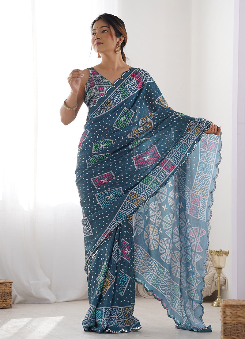 Monjolika Fashion Chinon Digital Print Classic Saree in Teal Blue | Grocsy